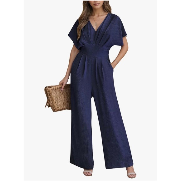 Cupshe Pants - Cupshe Navy Blue Textured Wide Leg Jumpsuit V-Neck Short Sleeve XL